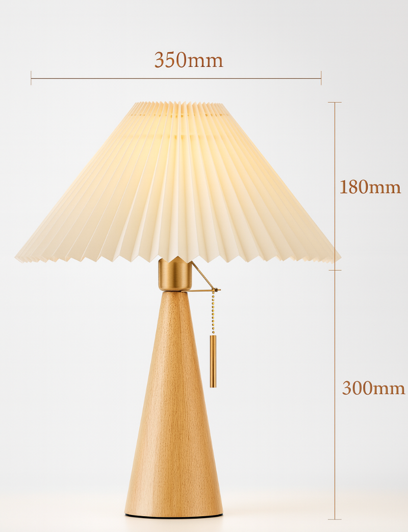 Lampa stołowa z plisowanym kloszem – drewniana podstawa, styl skandynawski