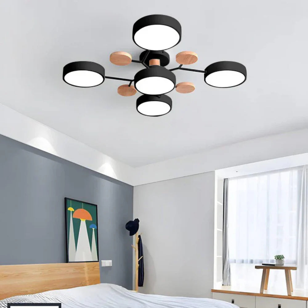 Nowoczesna lampa sufitowa LED wieloramienna – minimalistyczny design z drewnianymi akcentami