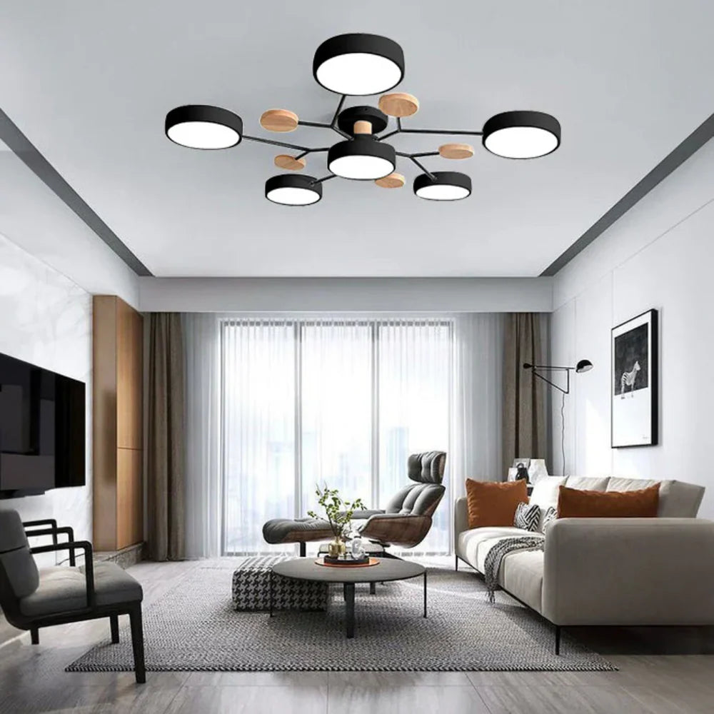 Nowoczesna lampa sufitowa LED wieloramienna – minimalistyczny design z drewnianymi akcentami