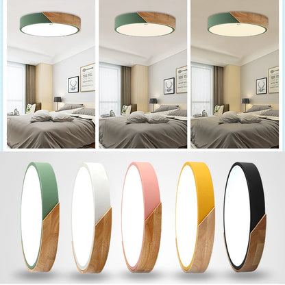 Nowoczesna okrągła lampa sufitowa LED z drewnianym akcentem