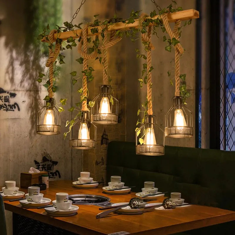 Lampa wisząca Epoch w stylu vintage z drewnianą belką, 3/5 punktów świetlnych 5