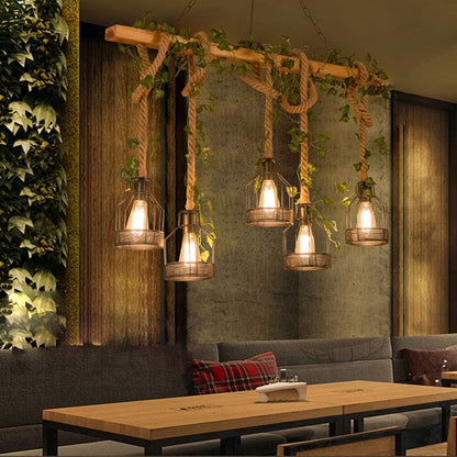 Lampa wisząca Epoch w stylu vintage z drewnianą belką, 3/5 punktów świetlnych 7