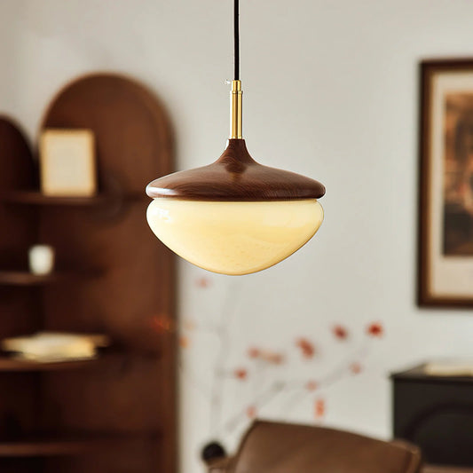 Lampa wisząca w kształcie żołędzia z orzecha włoskiego i mosiądzu z kloszem z mlecznego szkła 2
