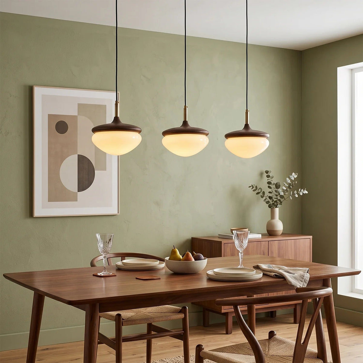 Lampa wisząca w kształcie żołędzia z orzecha włoskiego i mosiądzu z kloszem z mlecznego szkła 8