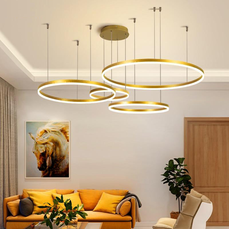 Nowoczesna lampa wisząca Remi z pierścieniami – metalowa, czarna/złota/kawa 12