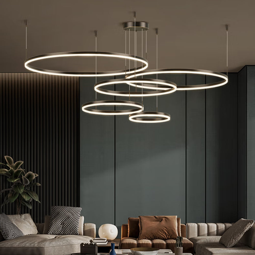 Nowoczesna lampa wisząca Remi z pierścieniami – metalowa, czarna/złota/kawa 47