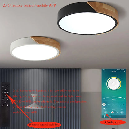 Nowoczesna okrągła lampa sufitowa LED z drewnianym akcentem