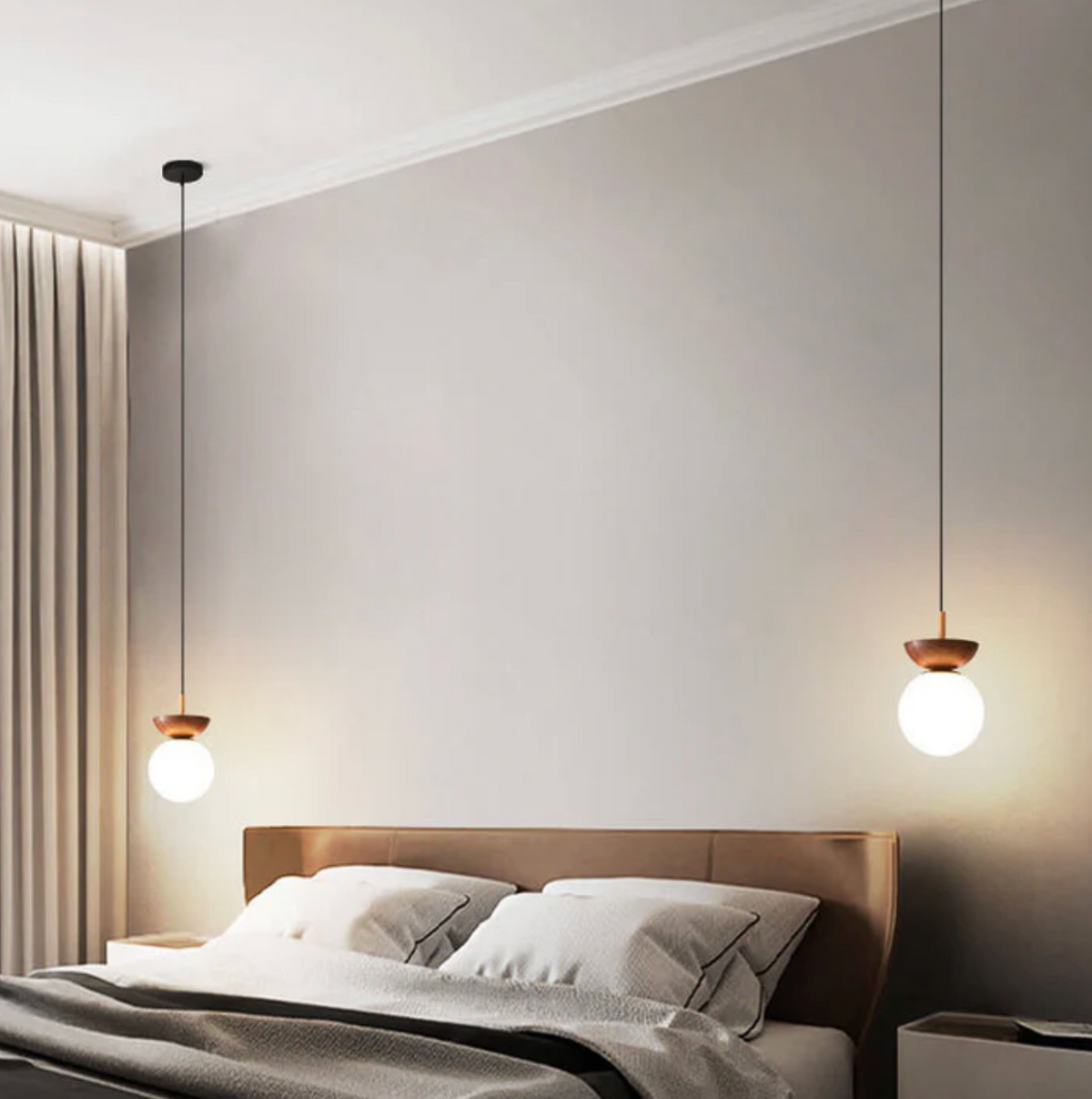 Lampa sufitowa lub wisząca z mlecznym kloszem i drewnianym akcentem – minimalistyczna elegancja do każdego wnętrza