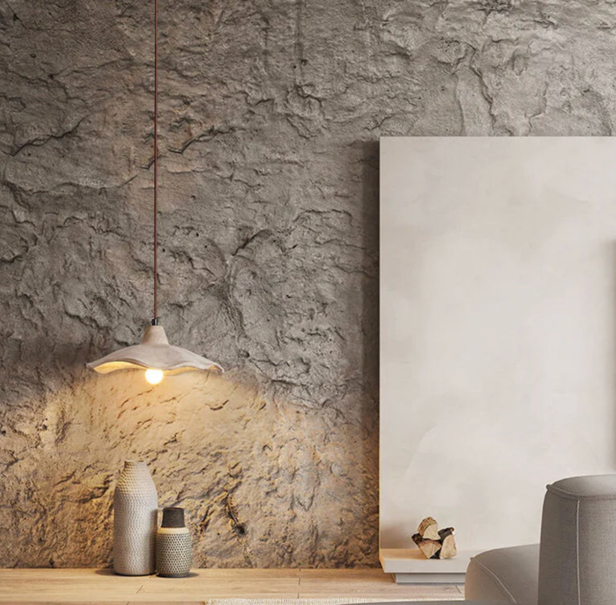 Designerska lampa wisząca z betonowym kloszem – organiczna forma i naturalny charakter