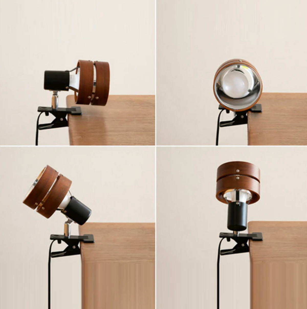 Regulowana lampa klipsowa w stylu retro – metalowo-drewniany reflektor biurkowy