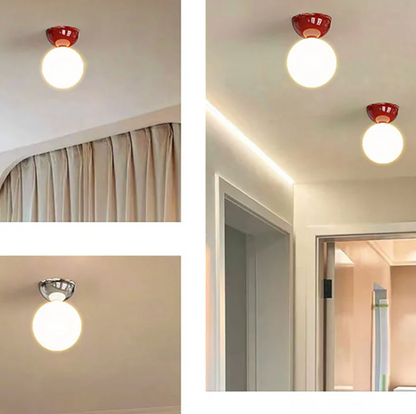 Plafon sufitowy kula – lampa z mlecznym kloszem szklanym i metalową podsufitką