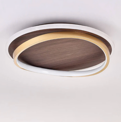 Nowoczesna lampa sufitowa LED – drewniany panel z podświetlanym pierścieniem