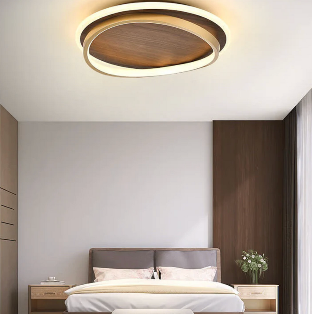 Nowoczesna lampa sufitowa LED – drewniany panel z podświetlanym pierścieniem