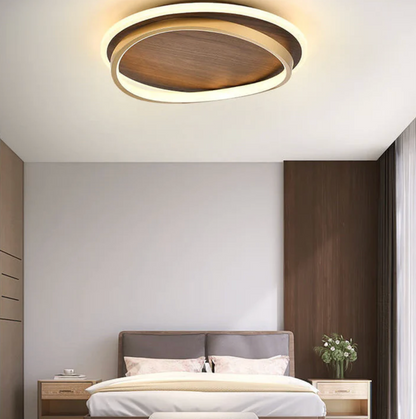 Nowoczesna lampa sufitowa LED – drewniany panel z podświetlanym pierścieniem