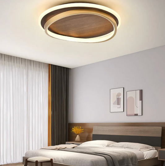 Nowoczesna lampa sufitowa LED – drewniany panel z podświetlanym pierścieniem