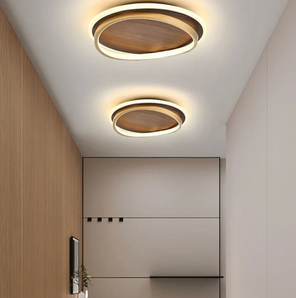 Nowoczesna lampa sufitowa LED – drewniany panel z podświetlanym pierścieniem