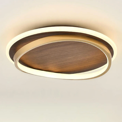 Nowoczesna lampa sufitowa LED – drewniany panel z podświetlanym pierścieniem