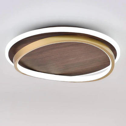 Nowoczesna lampa sufitowa LED – drewniany panel z podświetlanym pierścieniem