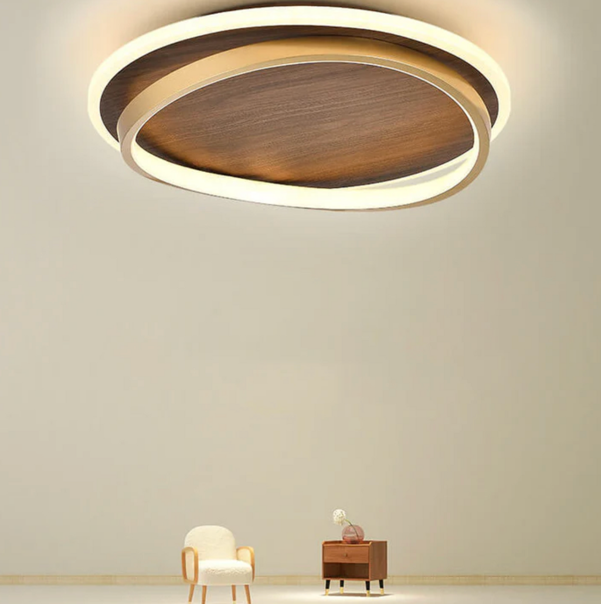 Nowoczesna lampa sufitowa LED – drewniany panel z podświetlanym pierścieniem