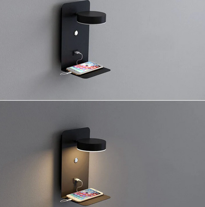 Nowoczesny kinkiet LED z półką i portem USB – lampka ścienna do sypialni