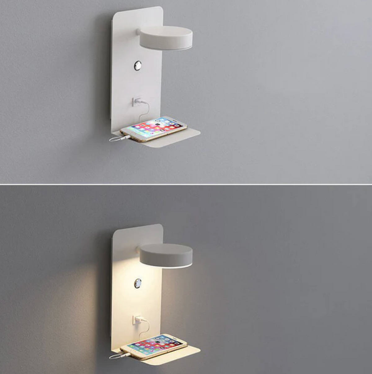 Nowoczesny kinkiet LED z półką i portem USB – lampka ścienna do sypialni