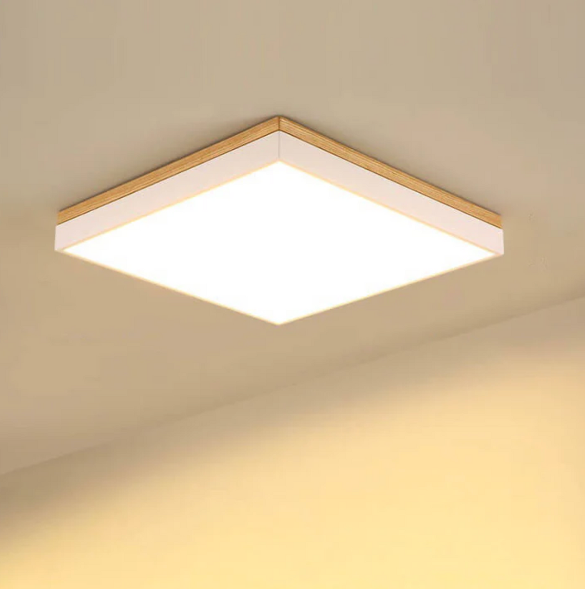 Nowoczesna lampa sufitowa LED – kwadratowy plafon z drewnianą ramką
