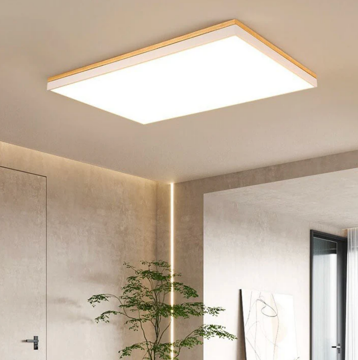 Nowoczesna lampa sufitowa LED – kwadratowy plafon z drewnianą ramką