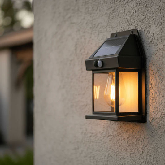 Solarna lampa ścienna LED z czujnikiem ruchu – stylowa latarnia ogrodowa