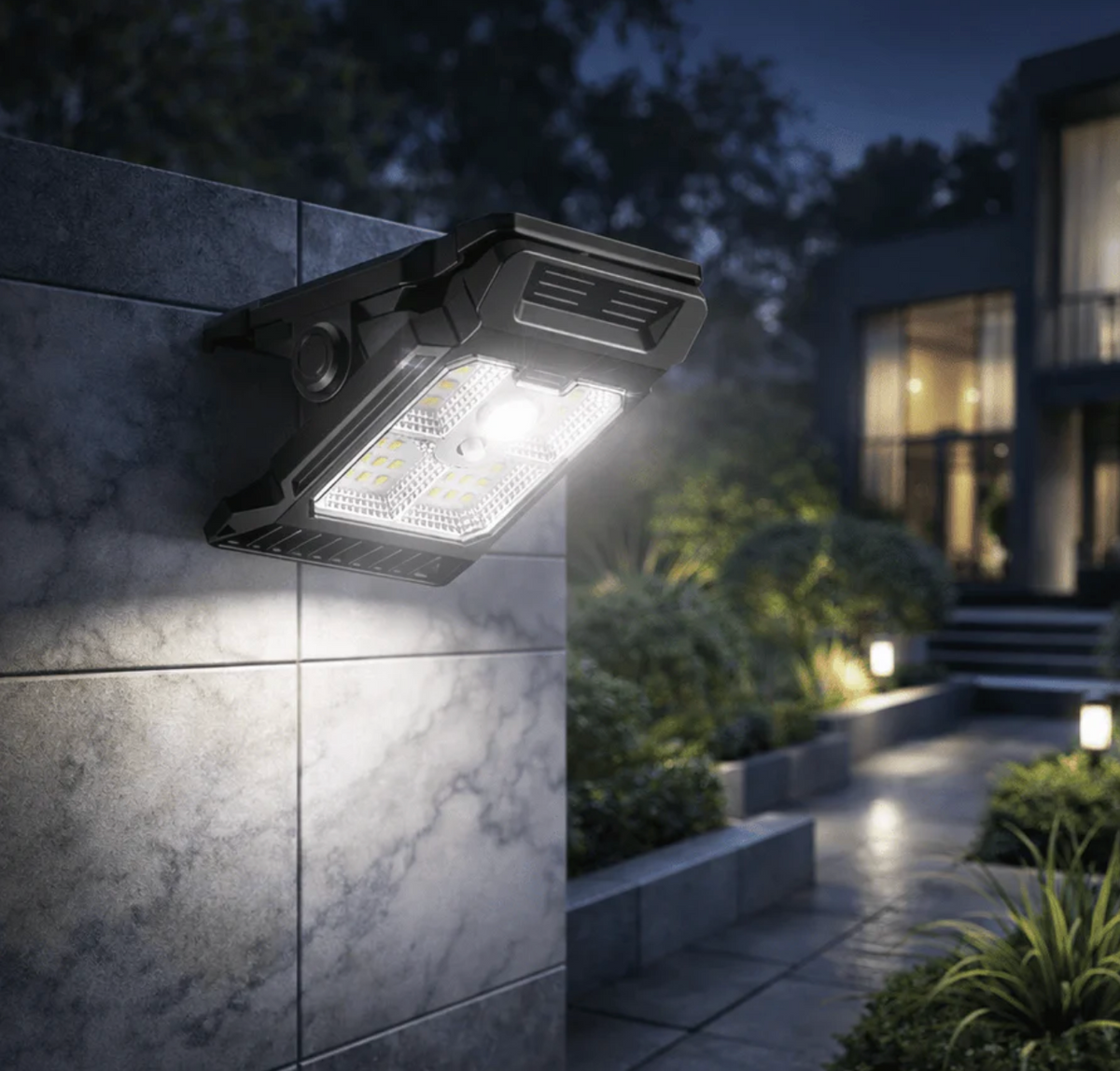 Solarna lampa LED z czujnikiem ruchu IP65 – zewnętrzne oświetlenie na ogród, balkon i taras