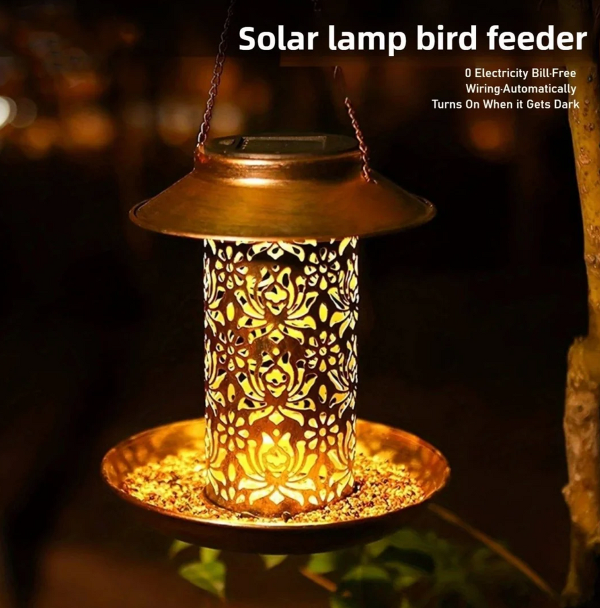 Solarna lampa ogrodowa LED karmnik dla ptaków – dekoracyjna latarnia wisząca 2w1