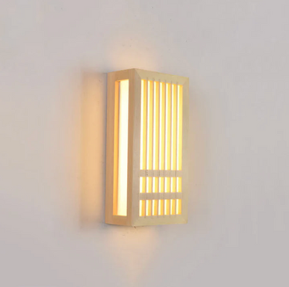 Kinkiet ścienny drewniany LED – lampa w stylu japandi z dekoracyjnym panelem