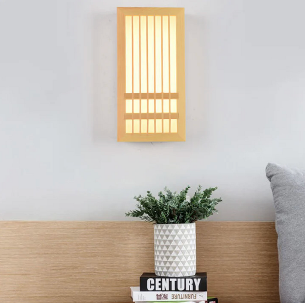 Kinkiet ścienny drewniany LED – lampa w stylu japandi z dekoracyjnym panelem