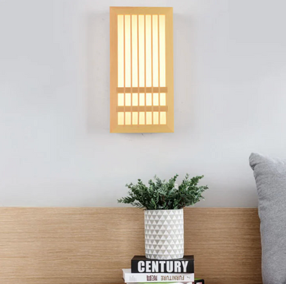 Kinkiet ścienny drewniany LED – lampa w stylu japandi z dekoracyjnym panelem