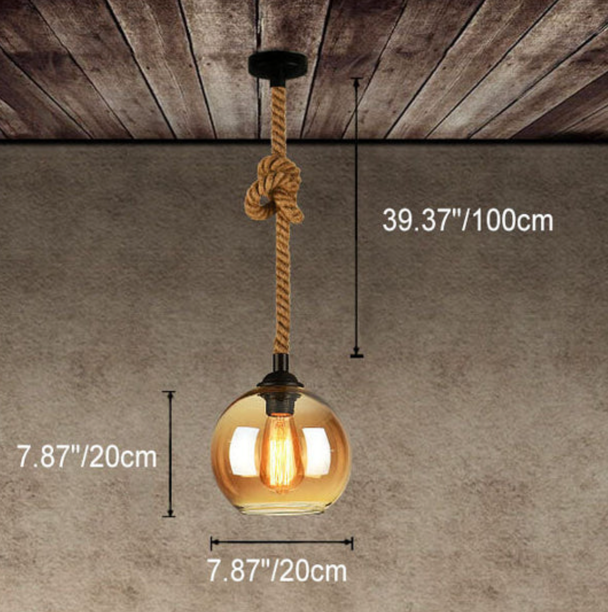 Lampa wisząca loft – szklany klosz kula na linie jutowej