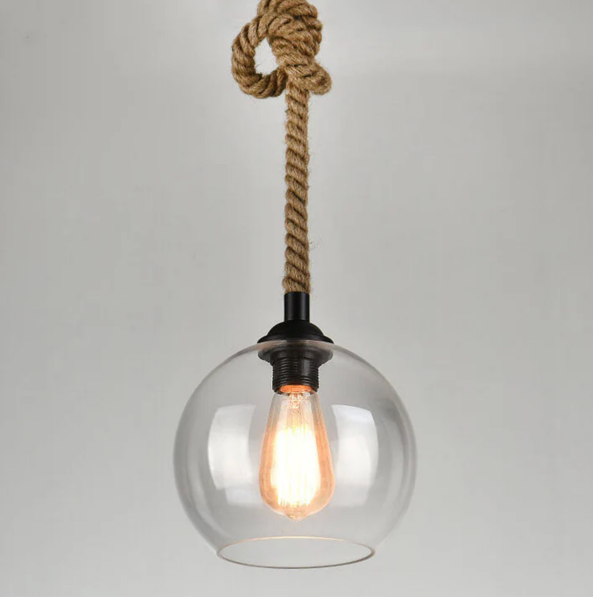 Lampa wisząca loft – szklany klosz kula na linie jutowej