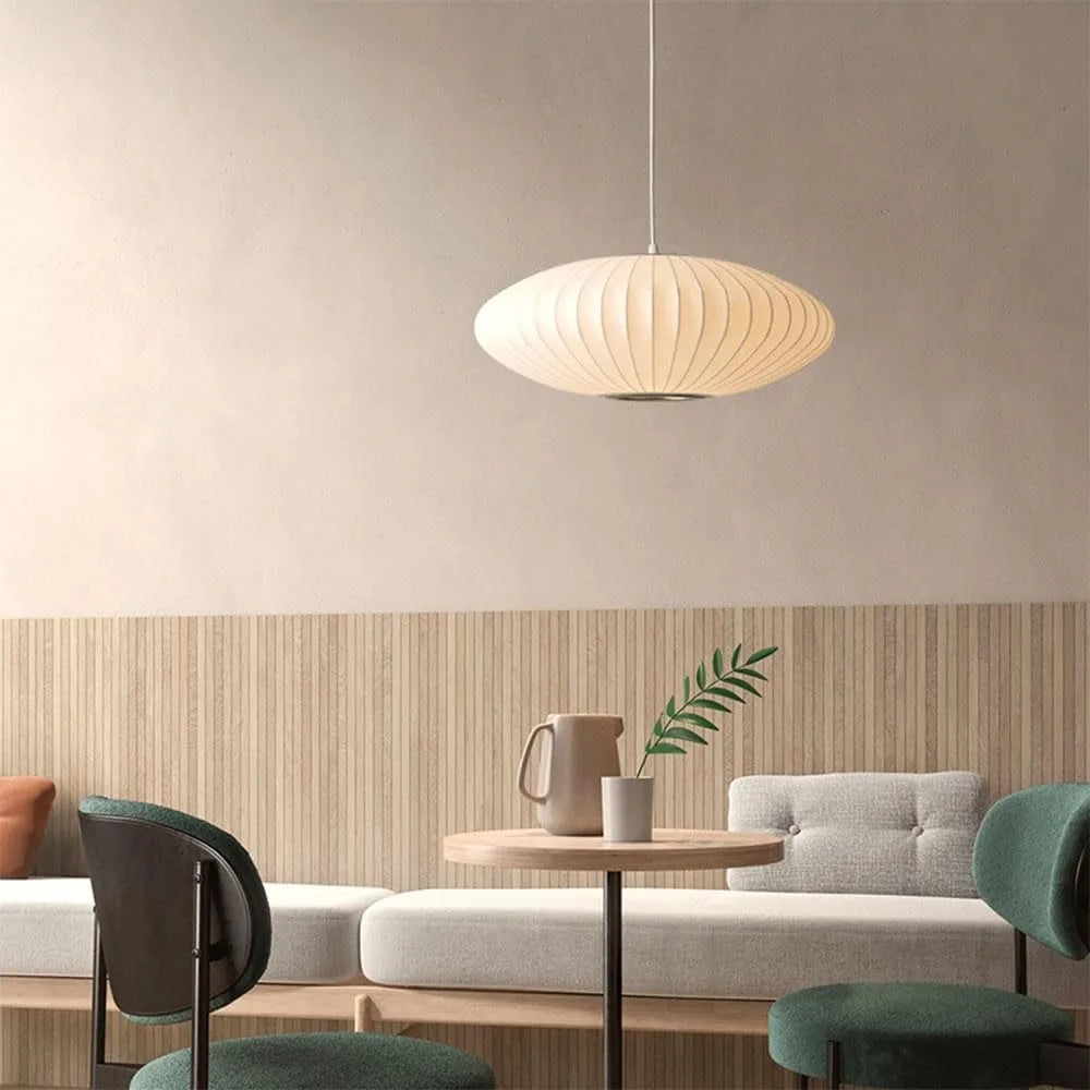 Lampa wisząca w stylu japandi – papierowy klosz orientalny do salonu i sypialni