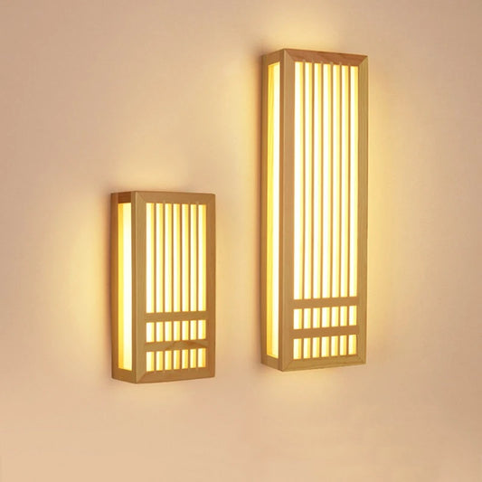 Kinkiet ścienny drewniany LED – lampa w stylu japandi z dekoracyjnym panelem