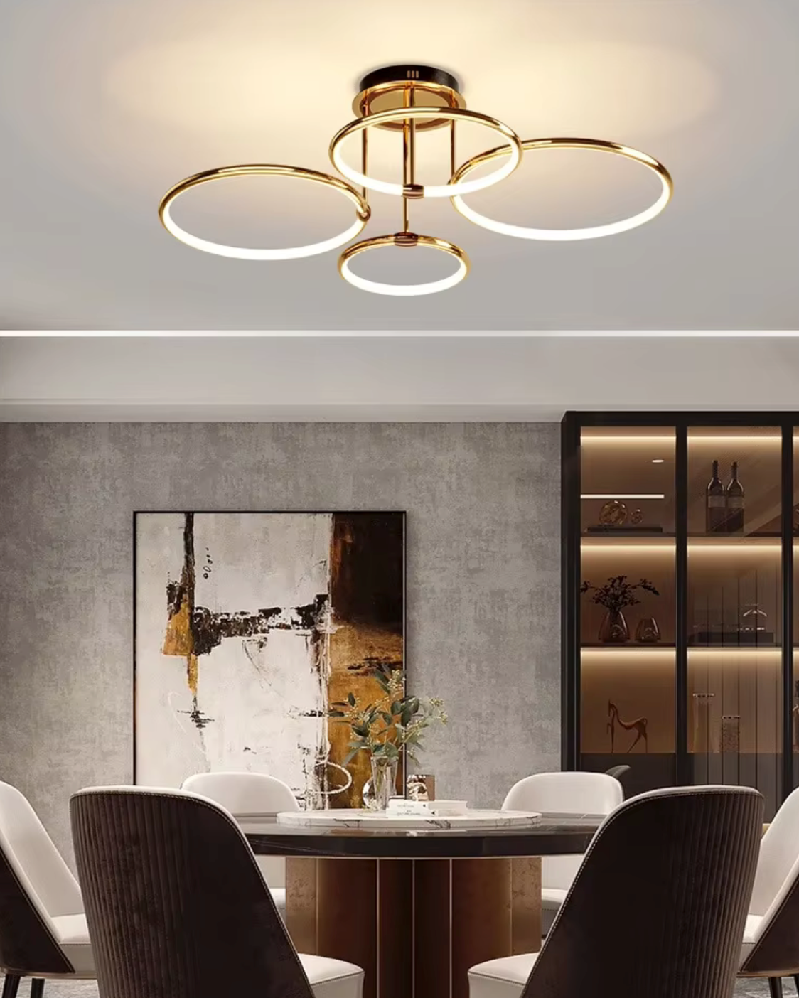 Nowoczesny żyrandol LED z pierścieniami – lampa sufitowa z geometryczną formą