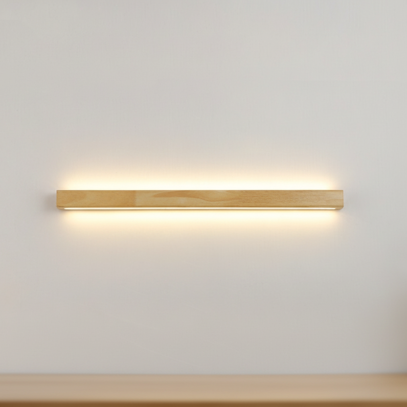 Liniowa lampa ścienna nad lustro z drewnianą obudową