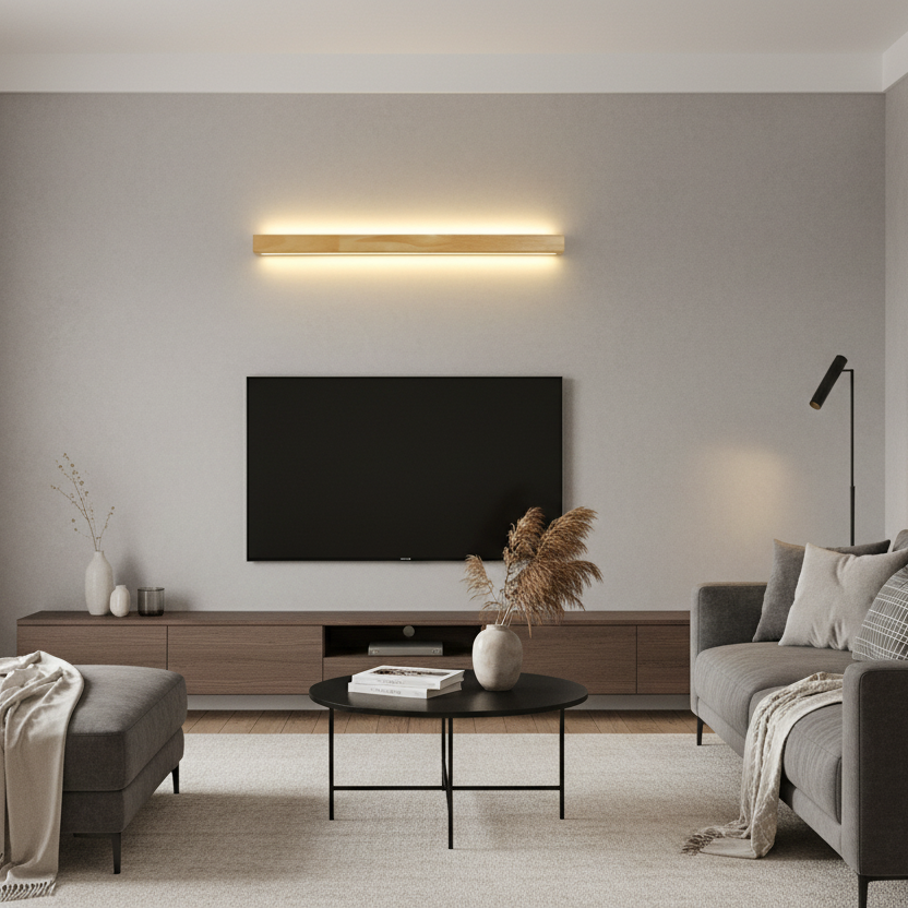 Liniowa lampa ścienna nad lustro z drewnianą obudową