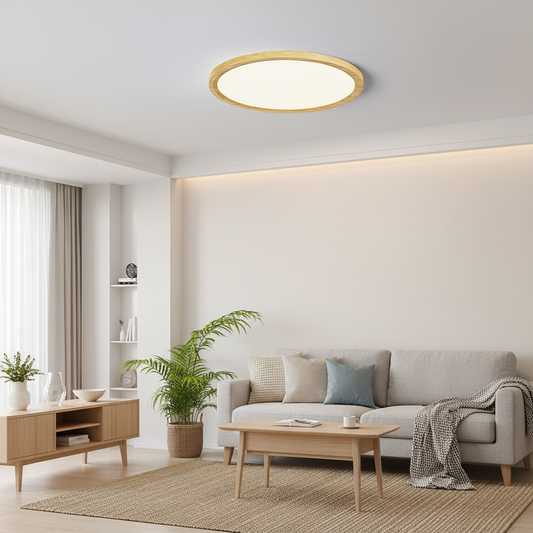 Nowoczesna okrągła lampa sufitowa LED z drewnianą ramą