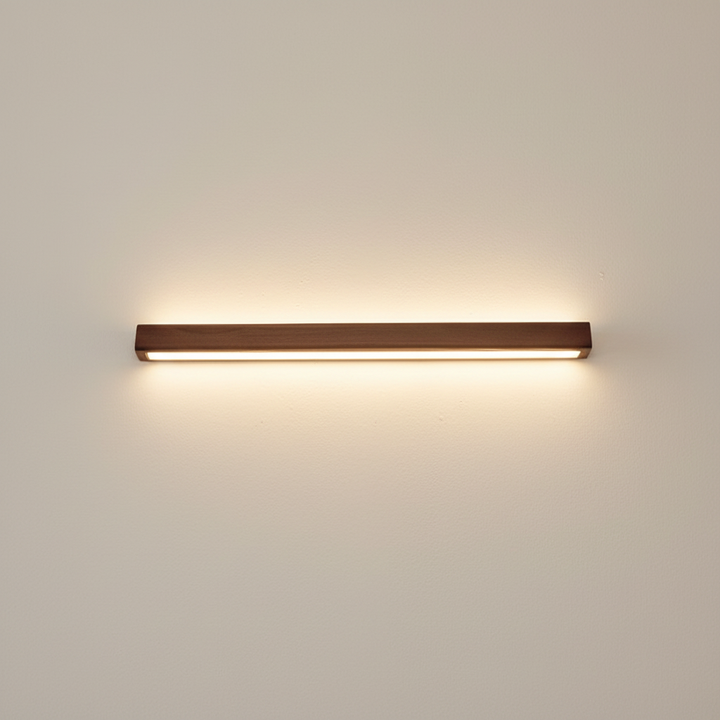 Liniowa lampa ścienna nad lustro z drewnianą obudową