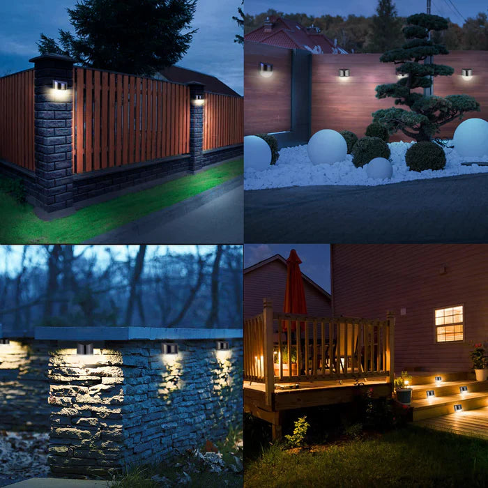 Zestaw 4 solarnych lamp ogrodowych LED – kinkiety z czujnikiem zmierzchu, montaż na ścianę
