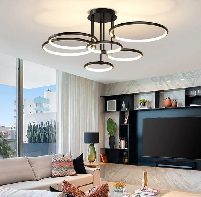 Nowoczesny żyrandol LED z pierścieniami – lampa sufitowa z geometryczną formą