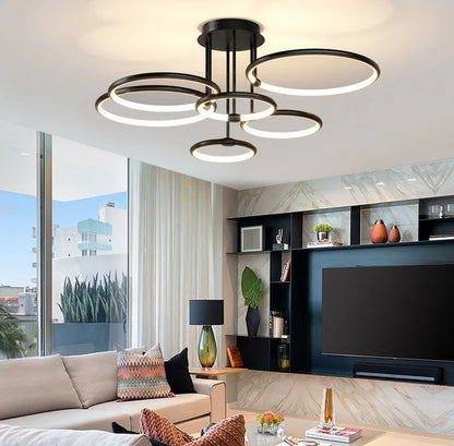 Nowoczesny żyrandol LED z pierścieniami – lampa sufitowa z geometryczną formą